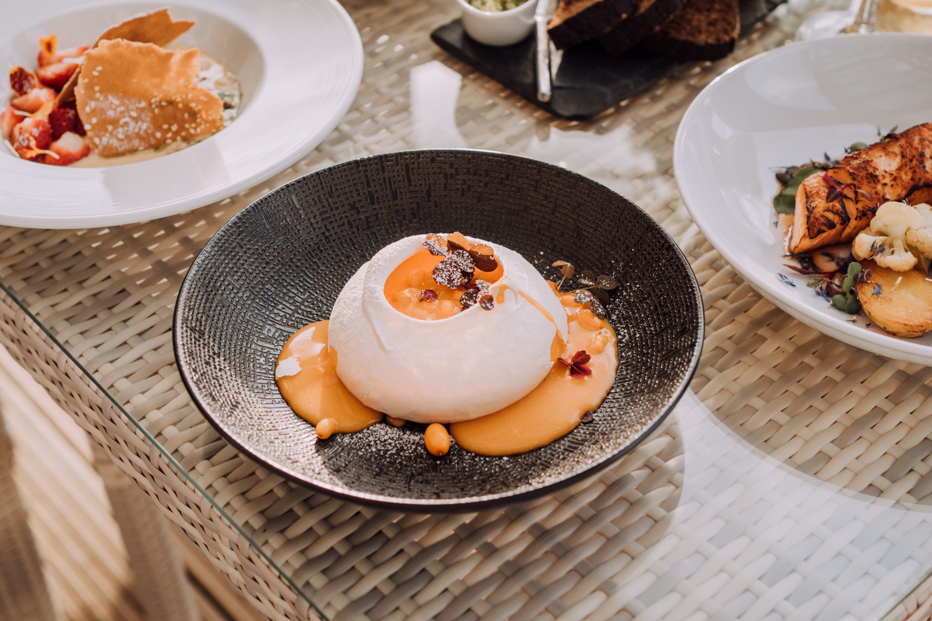 Meringue with sea buckthorn at restaurant in Estonia