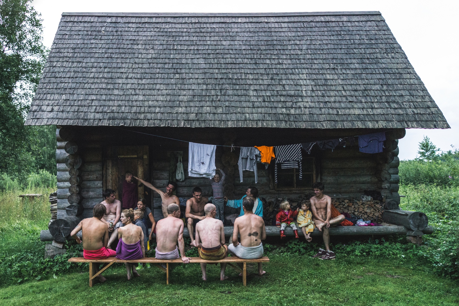 People sitting front of smoke sauna